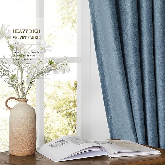 BULBUL Velvet Curtains 96 inches Luxury Elegant Living Room Curtain Modern Thermal Insulated Soundproof Privacy Room Darkening Floor to Ceiling Soft Grayish Blue Drapes for Bedroom Set of 2 - Image 4