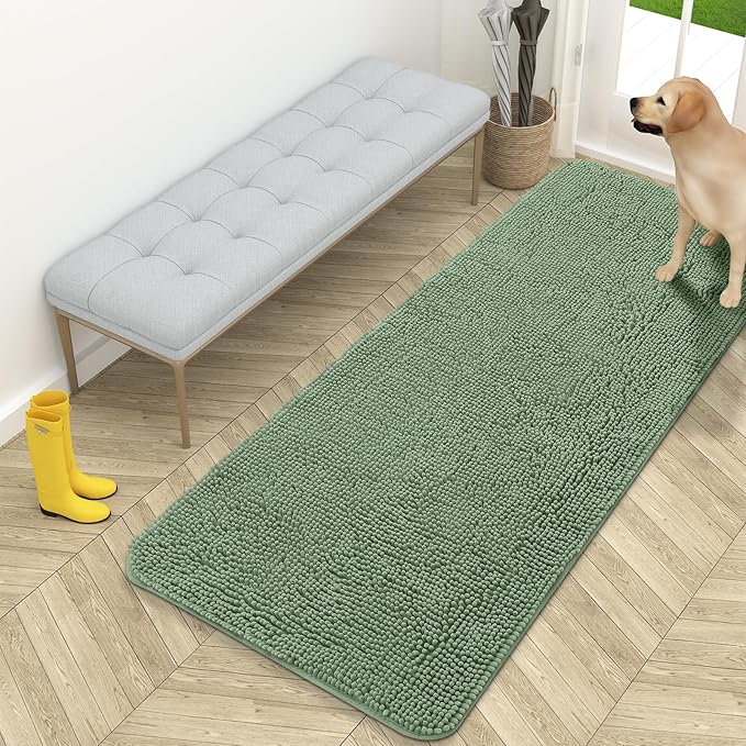 OLANLY Dog Door Mat for Muddy Paws 54x24, Absorbs Moisture and Dirt, Absorbent Non-Slip Washable Doormat, Quick Dry Chenille Mud Mat, Entry Indoor Entryway Carpet for Inside Floor, Olive Green by OLANLY
