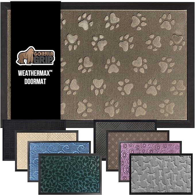 GORILLA GRIP 100% Waterproof All-Season WeatherMax Doormat, 47x35, US Designed Natural Rubber, Stain and Fade Resistant, Low Profile Indoor Outdoor Door Mats, Easy Clean Patio Mat, Tan Pawprints by GorillaGrip