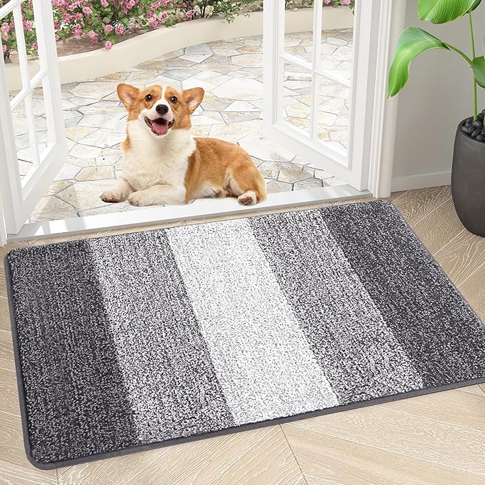 Smiry Dog Door Mat for Muddy Paws, Absorbs Moisture and Dirt, Low-Profile Entryway Mat with Non-Slip Backing, Entry Indoor Outdoor Doormat for Inside Floor (30x17 Inches, Light Grey, Striped) by Smiry