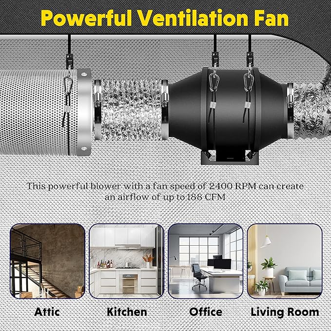 iPower 4 Inch 200 CFM Exhaust Inline Duct Fan with Variable Speed Controller HVAC Blower for Indoor Grow Tents Garden Ventilation, 4", Black - Image 6