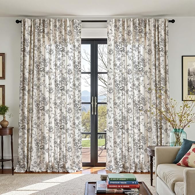 jinchan Linen Floral Curtains Extra Wide for Patio Sliding Glass Door Room Divider Curtain for Living Room 108 Inch Length Farmhouse Peony Black Printed Curtain Set 1 Panel - Image 5