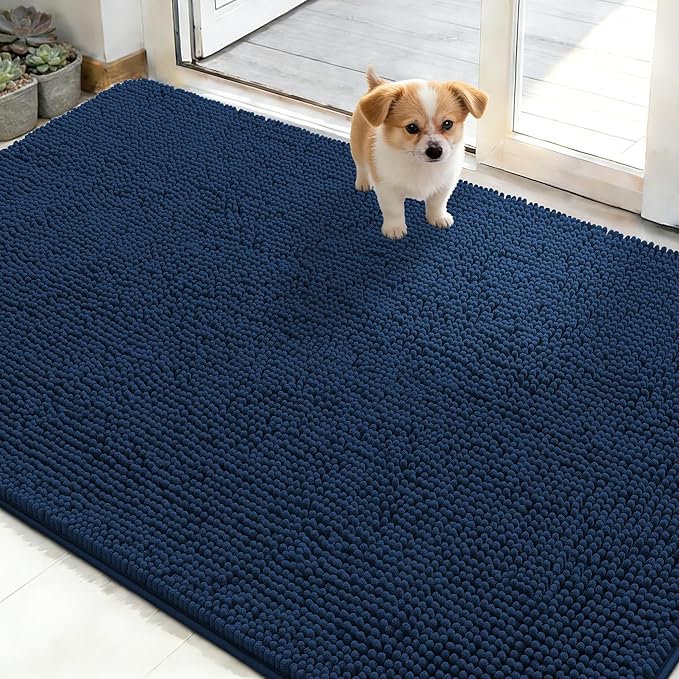 OLANLY Dog Door Mat for Muddy Paws 50x30, Absorbs Moisture and Dirt, Absorbent Non-Slip Washable Doormat, Quick Dry Chenille Mud Mat for Dogs, Entry Indoor Entryway Carpet for Inside Floor, Dark Blue by OLANLY