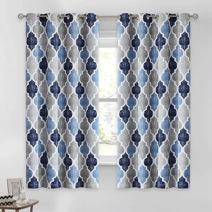 Beauoop 100% Blackout Curtains 45 Inches Long 2 Panels for Bedroom Living Room Blue Grey Moroccan Geo Room Darkening Thermal Insulated Soundproof Grommet Top Window Treatments Drapes, 50x45 Set of 2 by Beauoop