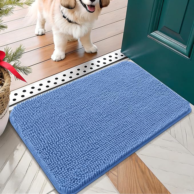 OLANLY Dog Door Mat for Muddy Paws 24x16, Absorbs Moisture and Dirt, Absorbent Non-Slip Washable Doormat, Quick Dry Chenille Mud Mat, Entry Indoor Entryway Carpet for Inside Floor, Cornflower Blue by OLANLY