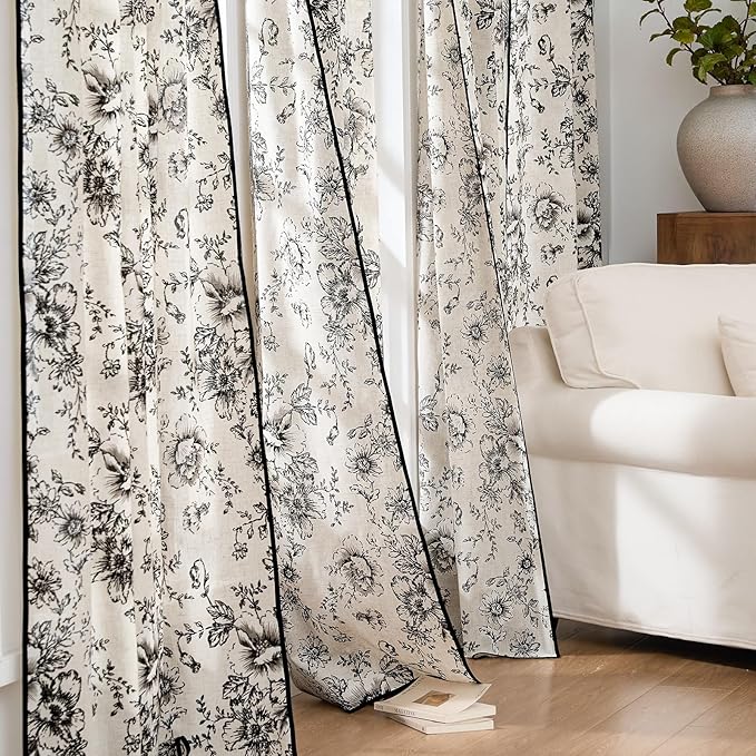 JINCHAN Linen Blend Floral Curtains French Country Curtain for Living Room 90 Inch Length Black Printed Curtain Rod Pocket Back Tab Farmhouse Peony Flower Patterned Drapes Window Curtains Set 2 Panels - Image 8