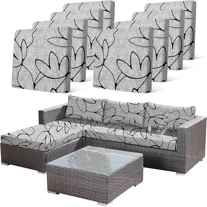 8PCS Waterproof Patio Sofa Covers with Elastic Floral Printed Stretch Outdoor Cushion Seat Covers Set of 8 Wicker Chair Washable Replacement(Grey,Cushions Not Included) by CALBODE