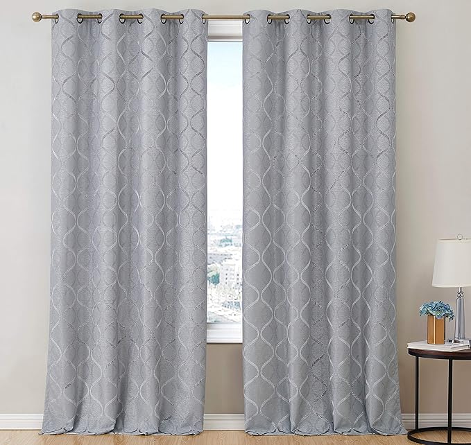 HLC.ME Versailles Lattice Flocked 100% Complete Blackout Thermal Insulated Window Curtain Grommet Panels - Energy Savings & Soundproof, For Living Room & Bedroom, Set of 2 (50 x 96 inches, Light Grey) - Image 2