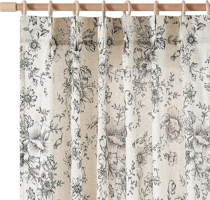 jinchan Pinch Pleated Curtains Floral Linen Blend Curtains for Living Room 96 Inches Length Black Peony Flower Printed Curtain Rod Pocket Back Tab Farmhouse Pinch Pleat Drapes with Hooks Set 2 Panels by JINCHAN