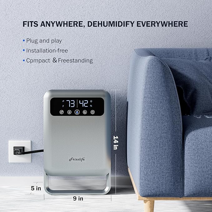 Frizzlife Air Dehumidifier, 135oz Water Tank W/Purifying Function, Quiet Small Dehumidifiers With Sleep Mode For Home, Bedroom, Bathroom, Basement W/Auto Shut Off, 7 Colors LED Light, Gray - Image 7