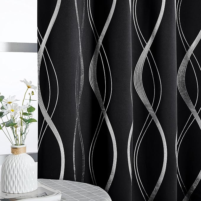 NICETOWN Black Out Window Curtains for Bedroom, Microfiber Noise Reducing Thermal Insulated Wave Line Foil Print Design Blackout Curtains for Office, Classroom (2 Panels, 52 x 54 Inch) by NICETOWN