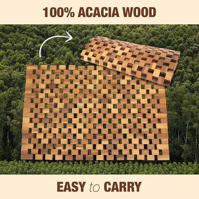 Acacia Wood Bath Mat - Non Slip Sturdy Wooden Shower Mat - Spa, Sauna, Cold Plunge, Camping, Bathroom Décor, Wood Door Mat 16" x 24" - Image 7