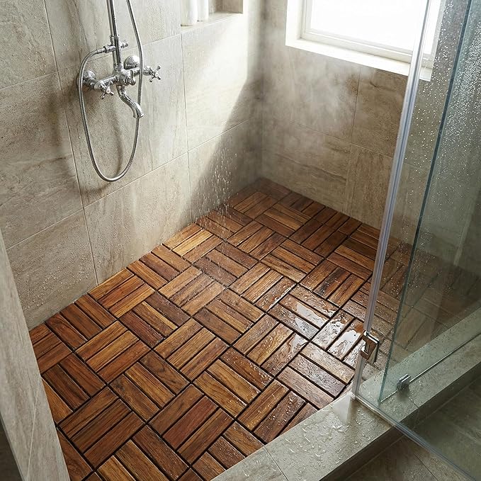 Bare Decor BARE-WF2009 Solid Teak Wood Interlocking Flooring Tiles (Pack of 10), 12" x 12", Brown - Image 5