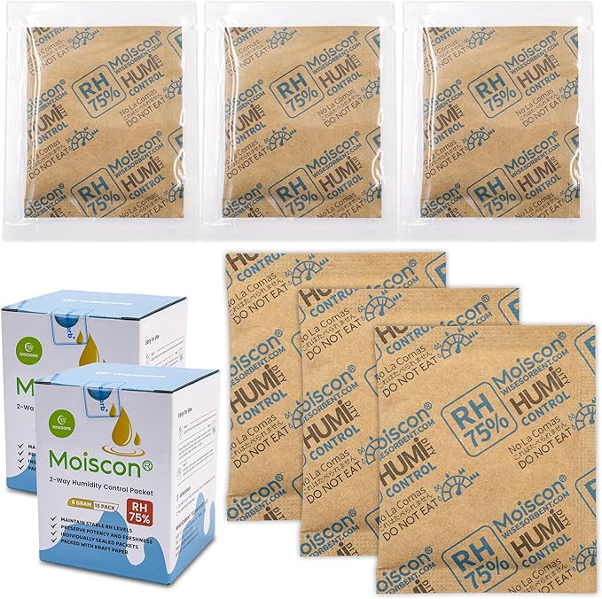 30 Pack 75% RH Size 8 Two-Way Humidity Control Packs for Storing Up to 5 Items, 8 Gram Moisture Control Packets Individually Wrapped for Small Non-Plastic Travel Cases by Wisesorb