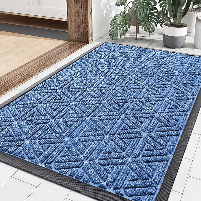 Smiry Front Door Mat Outside Entrance, Heavy Duty Sturdy Natural Rubber Doormat, Trap Dirt and Moisture, Easy Clean Low Profile Mats for Indoor Outdoor Entry, Grid Geometric (35x23, Blue) by Smiry