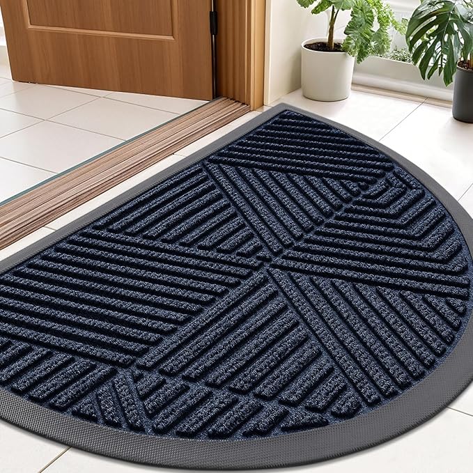 Smiry Half Circle Front Door Mat Outside Entrance, Heavy Duty Sturdy Natural Rubber Doormat, Trap Dirt and Moisture, Low Profile Mats for Indoor Outdoor Entry, Irregular Triangle (35x23, Navy Blue) by Smiry