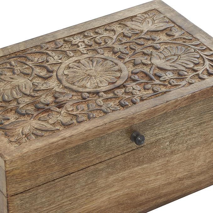 Deco 79 Mango Wood Floral Handmade Decorative Box Decorative Keepsake Boxes with Hinged Lid, Set of 3 Storage Boxes 8", 10", 12"W, Brown - Image 2