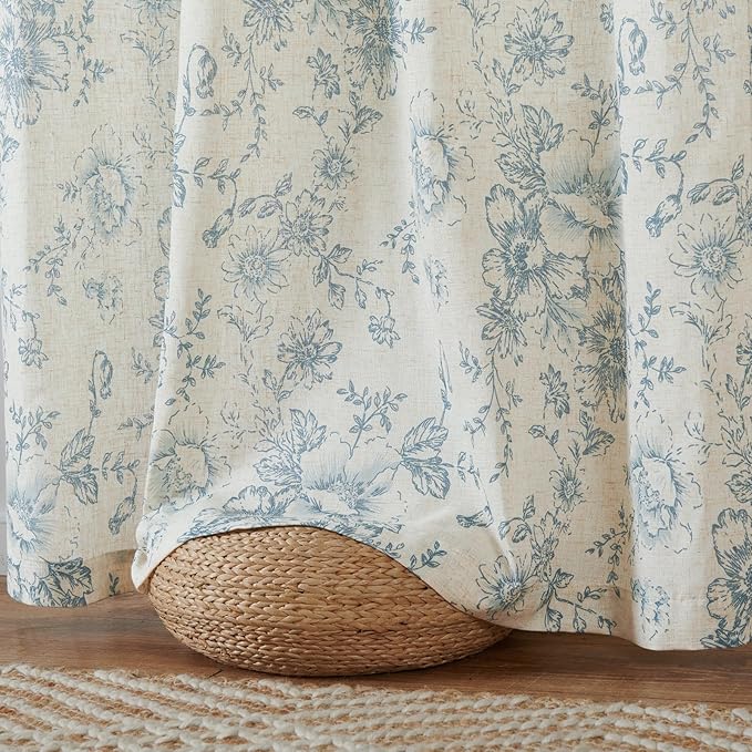 jinchan Linen Floral Curtains 63 Inch Length for Living Room Bedroom Light Filtering Farmhouse Peony Flower Drapes Rustic Window Curtain Set Rod Pocket Back Tab 2 Panels Blue - Image 7