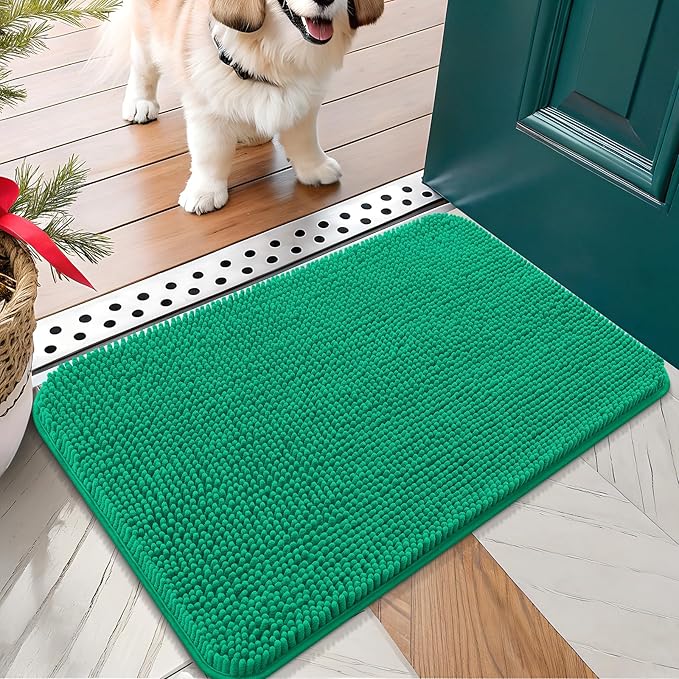 OLANLY Dog Door Mat for Muddy Paws 24x16, Absorbs Moisture and Dirt, Absorbent Non-Slip Washable Doormat, Quick Dry Chenille Mud Mat, Entry Indoor Entryway Carpet for Inside Floor, Emerald Green by OLANLY