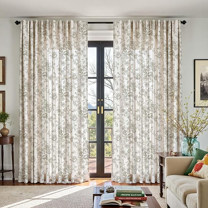 jinchan Linen Floral Curtains 100 Inch Extra Wide for Patio Sliding Glass Door Room Divider Curtain for Living Room 90 Inch Length Farmhouse Peony Green Printed Curtain Set 1 Panel - Image 5