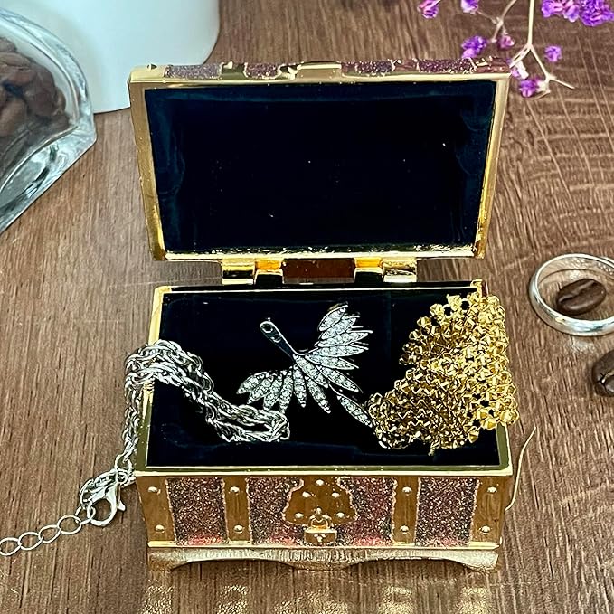 Retro Jewelry Box Arched Vintage Rectangular Metal Chest Necklace Ring Earrings Storage Case for Women Girls (Golden Starlight Red, S) - Image 2