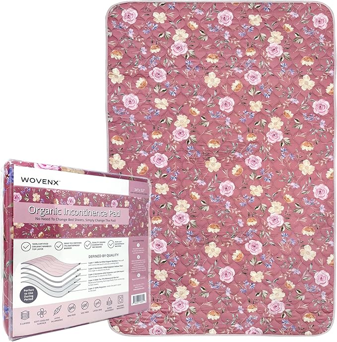 Organic Incontinence Pad for Period - Waterproof Protectors - Reusable Washable Pee Pad - Fits Twin to Full Size Beds - 100% Organic Viscose Derived from Bamboo - 34" x 52" Dark Flower - Image 9