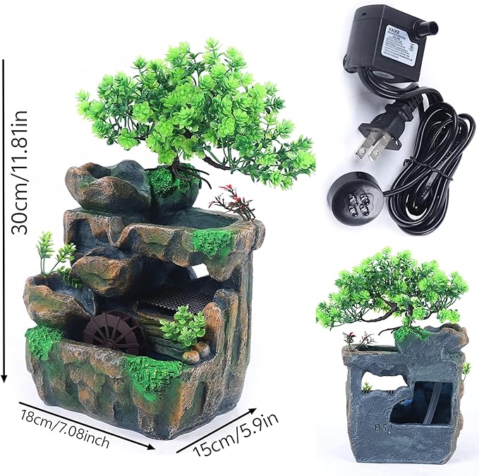 11.81" Tabletop Rockery Fountain Indoor Waterfall Bonsai Desktop Mini Rockery Water Fountain with Automatic Pump and LED Light, Home Office Bedroom Humidifier Desk Decorate - Image 5