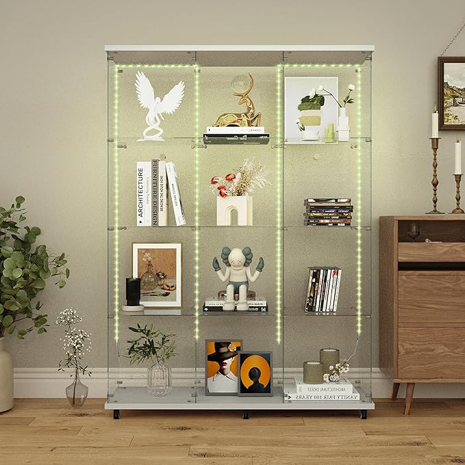 Yoluckea 4 Tiers Glass Display Cabinet Extra Large with Bluetooth LED Light Strip, 2 Doors Floor Standing Curio Cabinet with Universal Wheel for Home, White Glass Bookshelf for Collections, Wood Top - Image 5