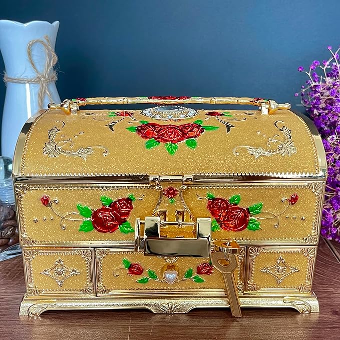 Retro Jewelry Box Arched Vintage Rectangular Metal Chest Necklace Ring Earrings Storage Case for Women Girls (Golden Starlight Yellow, XL Lock) - Image 2
