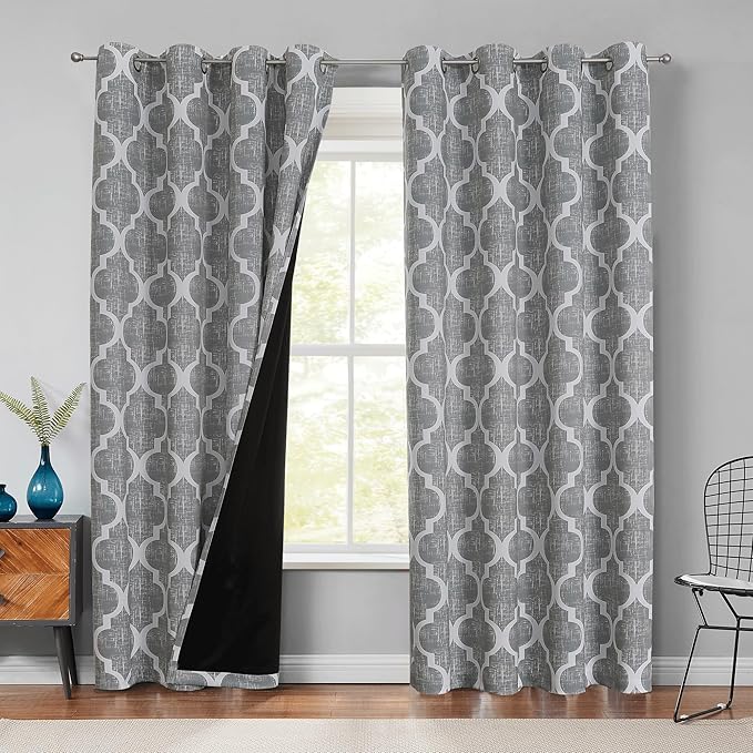 Beauoop 100% Blackout Curtains 96 Inches Long 2 Panels for Bedroom Living Room Grey Moroccan Geo Room Darkening Thermal Insulated Soundproof Grommet Top Window Treatments Drapes, 50x96 Set of 2 by Beauoop