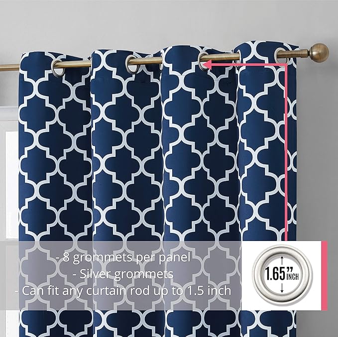 HLC.ME Lattice Print Decorative Blue Blackout Curtains 96 Inch Long - Thermal Insulated Privacy Room Darkening Window Grommet Drapes Modern Curtains for Master Bedroom - Navy Blue - 52 W x 96 L - Image 2
