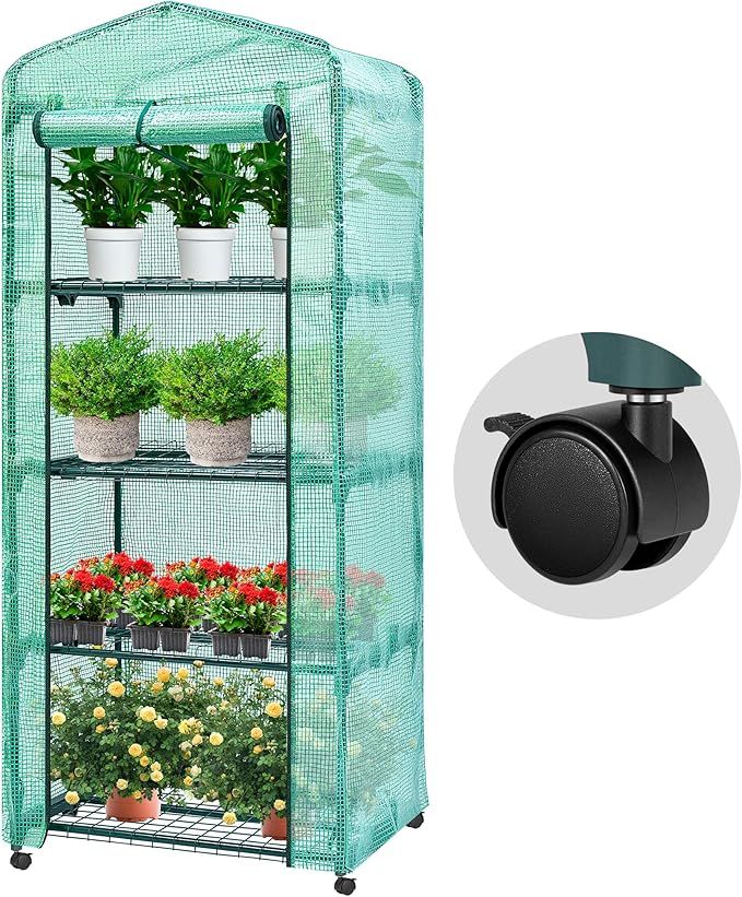 VIVOSUN Mini 4-Tier Greenhouse with Wheels, 27 x 19 x 63-Inch Reusable Portable Warm House with Green PE Cover and Shelf for Compact Garden and Small Backyards, with Wheels by VIVOSUN