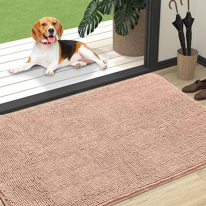 OLANLY Dog Door Mat for Muddy Paws 47x32, Absorbs Moisture and Dirt, Absorbent Non-Slip Washable Doormat, Quick Dry Chenille Mud Mat for Dogs, Entry Indoor Entryway Carpet for Inside Floor, Peach by OLANLY
