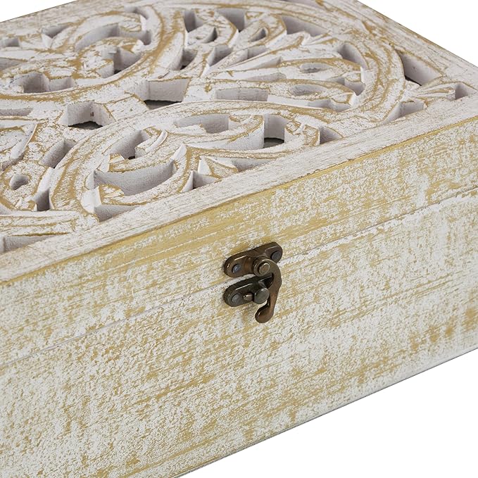 Deco 79 Mango Wood Floral Handmade Decorative Box Decorative Keepsake Boxes with Hinged Lid, Set of 3 Storage Boxes 8", 10", 12"W, White - Image 5
