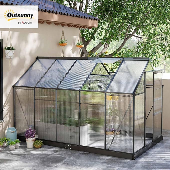 Outsunny 6' x 10' Greenhouse for Outdoors, Polycarbonate Greenhouse with Rain Gutter and Roof Vent, Aluminum Walk-in Green Houses for Outside for Patio Backyard Garden, Gray - Image 2