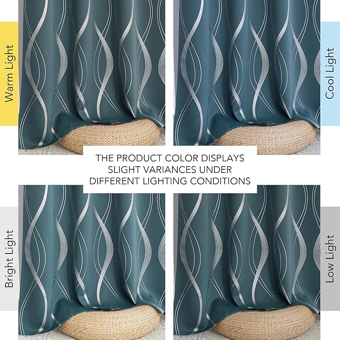 NICETOWN 100% Blackout Curtains Panels for Living Room, Greyish Blue, 52" Wide x 63" Long, 2 Panels, Sound Reducing Thermal Insulated Wave Line Foil Print Design Curtains for Patio Sliding Glass Door - Image 8