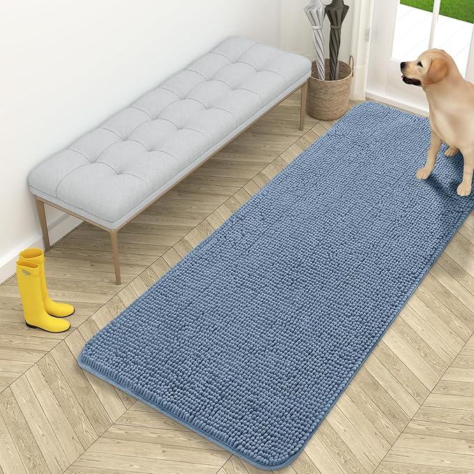 OLANLY Dog Door Mat for Muddy Paws 59x24, Absorbs Moisture and Dirt, Absorbent Non-Slip Washable Doormat, Quick Dry Chenille Mud Mat for Dogs, Entry Indoor Entryway Carpet for Inside Floor, Airy Blue by OLANLY