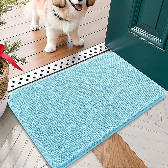 OLANLY Dog Door Mat for Muddy Paws 24x16, Absorbs Moisture and Dirt, Absorbent Non-Slip Washable Doormat, Quick Dry Chenille Mud Mat for Dogs, Entry Indoor Entryway Carpet for Inside Floor, Blue by OLANLY