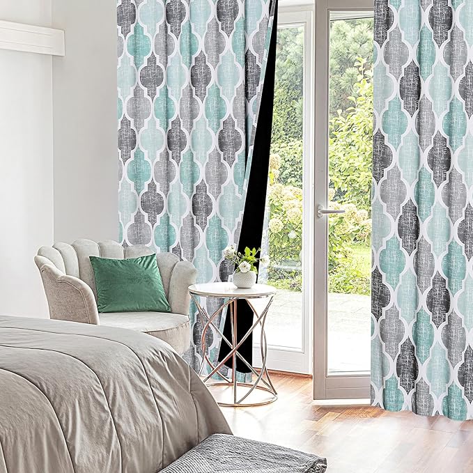 Beauoop 100% Blackout Curtains 96 Inches Long 2 Panels for Bedroom Living Room Aqua Grey Moroccan Geo Room Darkening Thermal Insulated Soundproof Rod Pocket Back Tab Window Treatments Drapes, 50x96 - Image 7