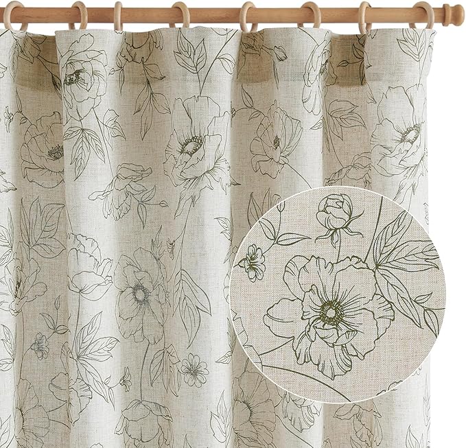 jinchan Floral Linen Curtains for Living Room 63 Inch Length Green Flower Curtain Rod Pocket Back Tab Farmhouse Curtains with Printed Floral Bedroom Window Curtain Set, 2 Panels Green - Image 9