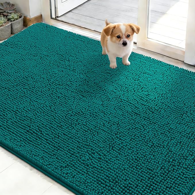OLANLY Dog Door Mat for Muddy Paws 50x30, Absorbs Moisture and Dirt, Absorbent Non-Slip Washable Doormat, Quick Dry Chenille Mud Mat for Dogs, Entry Indoor Entryway Carpet for Inside Floor, Lake Blue by OLANLY