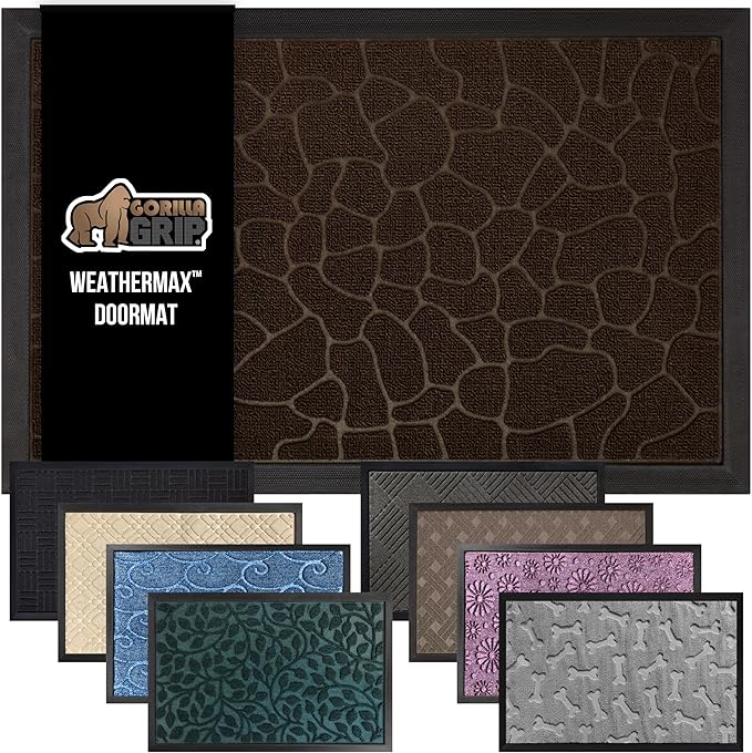 GORILLA GRIP 100% Waterproof All-Season WeatherMax Doormat, 47x35, US Designed Natural Rubber, Stain and Fade Resistant, Low Profile Indoor Outdoor Door Mats, Easy Clean Patio Mat, Dark Brown Pebble by GorillaGrip