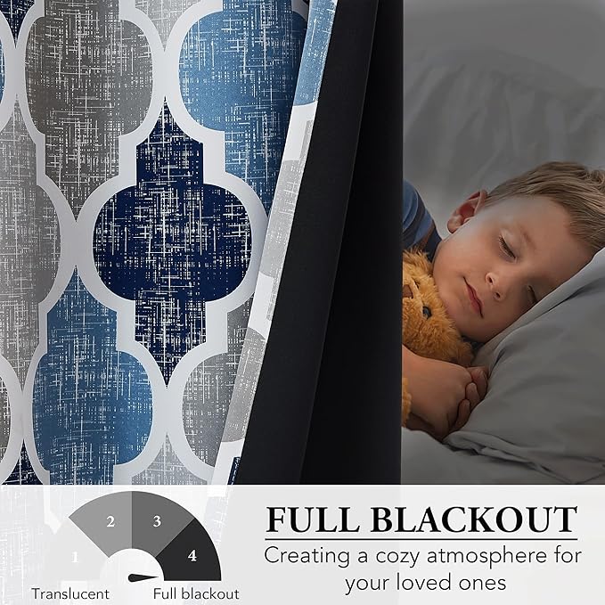 Beauoop 100% Blackout Curtains 84 Inches Long 2 Panels for Bedroom Living Room Blue Grey Moroccan Geo Room Darkening Thermal Insulated Soundproof Rod Pocket Back Tab Window Treatments Drapes, 50x84 - Image 5