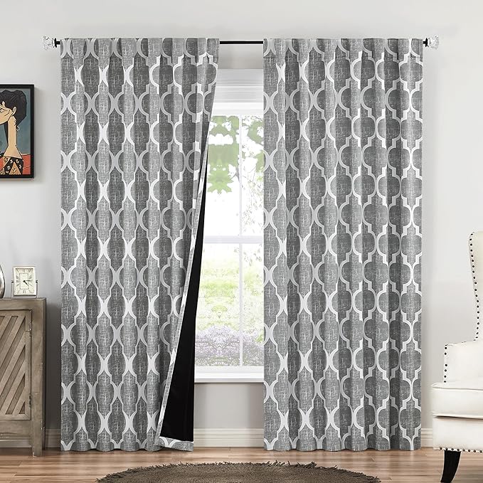 Beauoop 100% Blackout Curtains 84 Inches Long 2 Panels for Bedroom Living Room Grey Moroccan Geo Room Darkening Thermal Insulated Soundproof Rod Pocket Back Tab Window Treatments Drapes, 50x84 by Beauoop