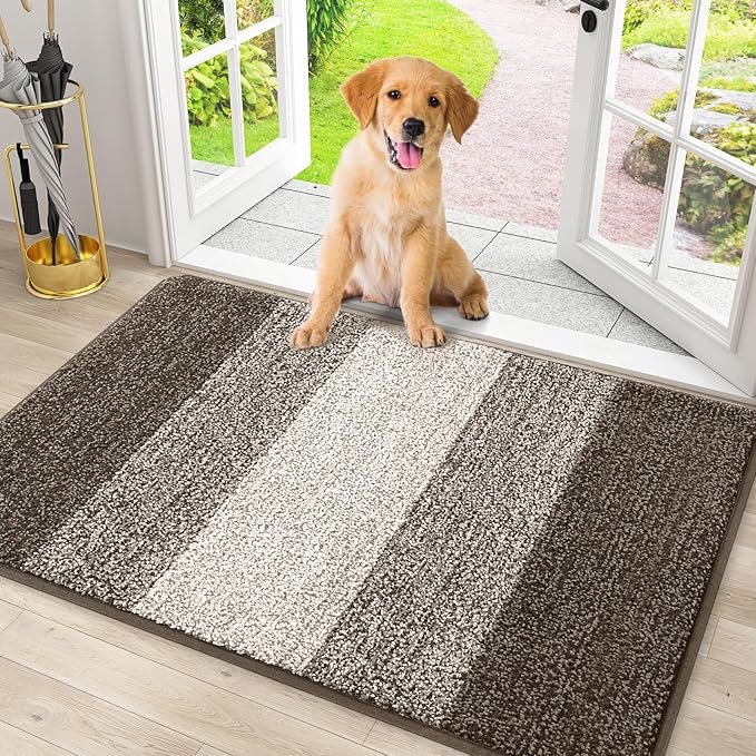 Smiry Dog Door Mat for Muddy Paws, Absorbs Moisture and Dirt, Low-Profile Entryway Mat with Non-Slip Backing, Entry Indoor Outdoor Doormat for Inside Floor (30x20 Inches, Light Brown, Striped) by Smiry