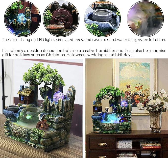 Tabletop Waterfall Fountain Humidifier with LED Light and Atomizer, Water Fountains Indoor Home Decor or est Festival Birthday Surprise for Boys, 14 Inch Desktop Small Mini Bonsai - Image 3