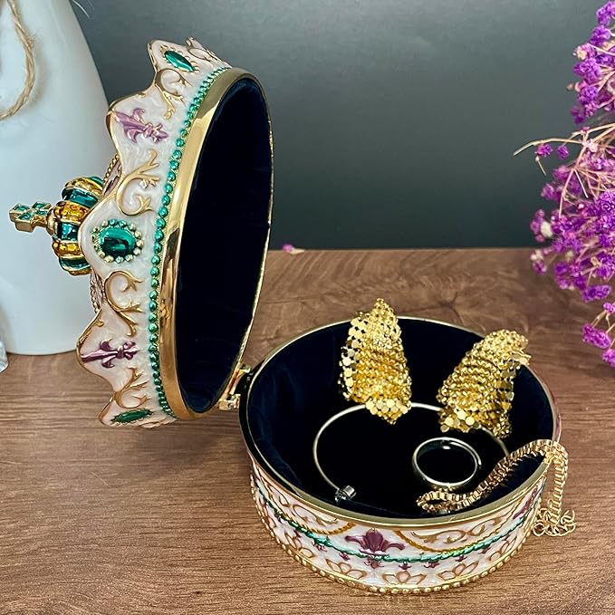 Crown Shape Jewelry Chest,Yurt Style Vintage Metal Gem Box,Round Alloy Retro Patterned Storage Case (Golden White, L) - Image 3