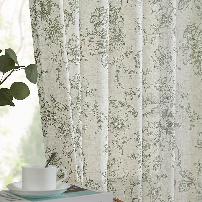 jinchan Pinch Pleated Curtains Floral Linen Blend Curtains for Living Room 63 Inch Length Green Peony Flower Printed Curtain Rod Pocket Back Tab Farmhouse Drapes with Hooks Set 2 Panels - Image 9