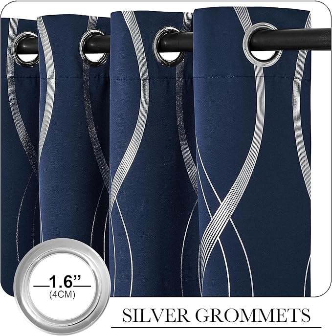 NICETOWN Navy Blue Blackout Curtain Panels 84 inches Long, Window Treatment Foil Printed Wave Lines Thermal Insulated Grommet Drapes for Living Room/Office/Guest Room(1 Pair, 52" Wide) - Image 3