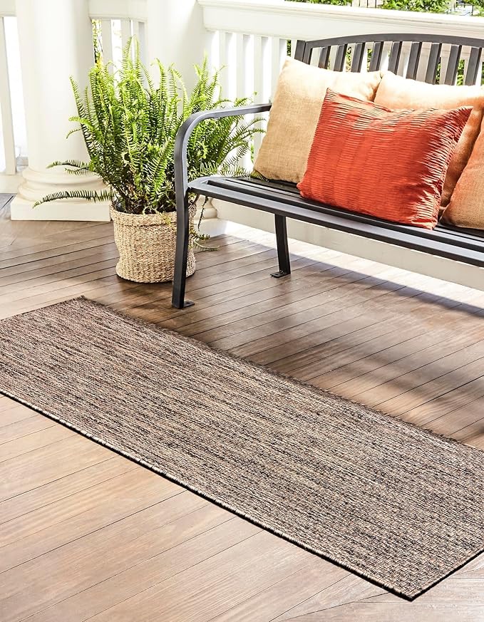 Unique Loom Collection Casual Transitional Solid Heathered Indoor/Outdoor Flatweave Area Rug (2' x 6' 1" Runner, Light Brown/Ivory) - Image 2